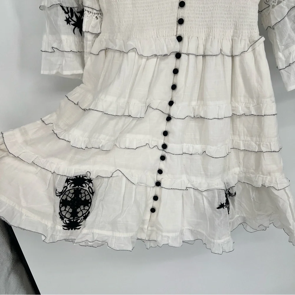 Anthropologie White Black Floral Lace Ruffled Button Down Bohemian Mini Dress S - Picture 5 of 7